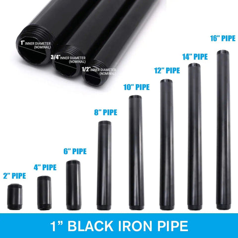 "1x2 Black Painted Iron Pipe Nipple Set, 10 Pack, Threaded Black Iron Pipes For DIY Furniture And Shelving, Industrial Decor"