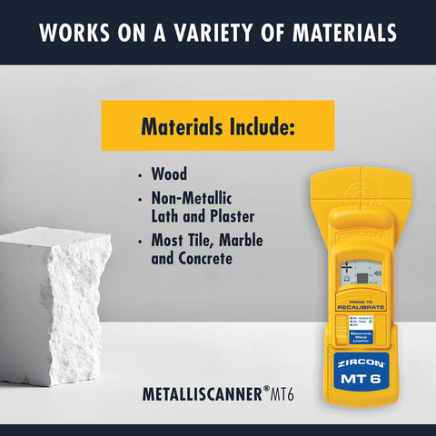 MT6 Pro Deep Scan Metal Detector Handheld Locator For Ferrous And Nonferrous Metals. Yellow device next to material list.