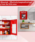 Red wall mount first aid cabinet with visible acrylic door and handle lock in bathroom setting.