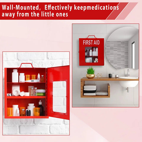 Red wall mount first aid cabinet with visible acrylic door and handle lock in bathroom setting.