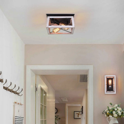 2-Light Farmhouse Ceiling Light Fixture Semi Flush Mount in White, Rectangular Rustic Lighting for Hallway with Faux Wood Finish