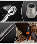 15 Piece Bolt Extractor Set for Three Eighths Inch Drive Beast Mode Nut and Bolt Remover Kit in use with drill and wrench.