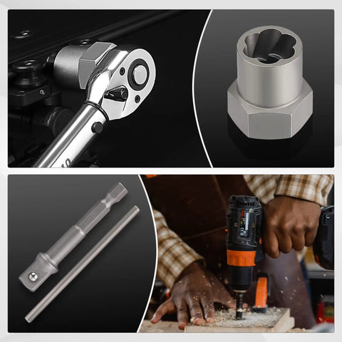 15 Piece Bolt Extractor Set for Three Eighths Inch Drive Beast Mode Nut and Bolt Remover Kit in use with drill and wrench.