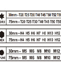 Chart showing bit sizes in 30mm and 75mm lengths for 40 Piece Star Spline Hex Socket Bit Set with One Half Inch and Three Eighth Inch Square Drive