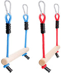 2 Pack Monkey Bars For Backyard Playset With Ninja Slackline Attachments For Slackline Obstacle Course And Home Playground Equipment Sets Durable Weatherproof Build For Year Round Outdoor Fun Kid Approved, showing red and blue ropes with carabiners