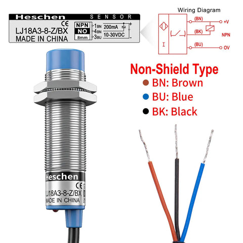 Inductive Proximity Sensor Switch No Fuss 8mm Detection Distance Non Shield Type Three Wire NPN Normally Open 10 To 30 VDC 200 mA Output M18 Mount LJ18A3 8 Z BX Blue Body, blue M18 sensor with wiring diagram
