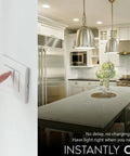 Finger turning on kitchen lights highlighting R20 LED Flood Light Bulb 6.5W, 460 Lumens, 3500K Natural White in recessed fixtures.