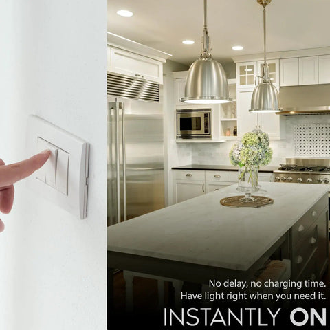 Finger turning on kitchen lights highlighting R20 LED Flood Light Bulb 6.5W, 460 Lumens, 3500K Natural White in recessed fixtures.