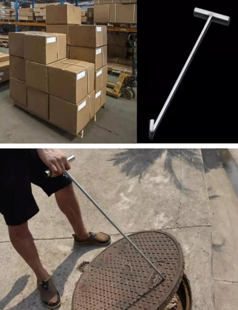 No Sweat Heavy Duty Stainless Steel T Hook Lifter For Manhole Covers Drain Grates Storm Sewers, 34 inch in use lifting a manhole cover.