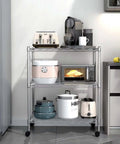 Heavy Duty 3 Tier Wire Shelving Cart With Smooth Rolling Wheels, Adjustable Chrome Steel Storage Rack with kitchen appliances.