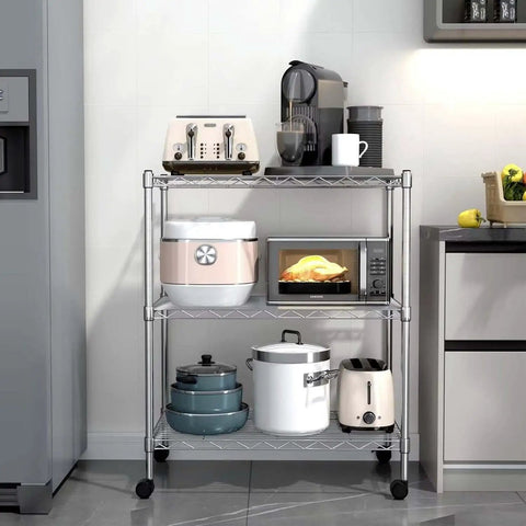 Heavy Duty 3 Tier Wire Shelving Cart With Smooth Rolling Wheels, Adjustable Chrome Steel Storage Rack with kitchen appliances.