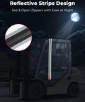 KEMIMOTO forklift cab enclosure; clear PVC rain cover with rear window, waterproof, fits up to 6000 lb (installed view)