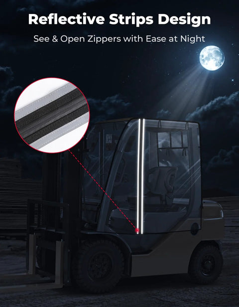 KEMIMOTO forklift cab enclosure; clear PVC rain cover with rear window, waterproof, fits up to 6000 lb (installed view)