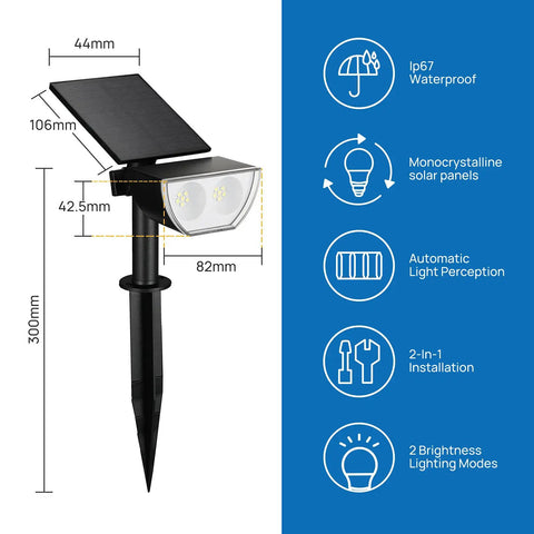 Outdoor Solar Spotlight 6500K Daylight IP67 Waterproof Garden Lights With Adjustable Solar Panel And Rotating Heads 6 Pack Diagram