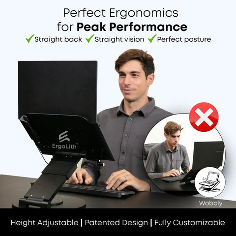 Man using 3-In-1 Adjustable Laptop Stand, Book Stand, And Phone Holder With 360 Degree Rotating Display for better posture