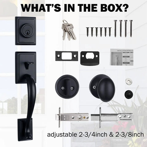 Matte Black Front Door Handle Set With Deadbolt And Keyed Entry For Exterior Doors, Reversible, adjustable hole spacing