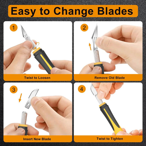 Steps to change blades on Pro Grade 16 Piece Hobby Knife Set With Interchangeable Blades Ergonomic Grip Anti Slip Handle