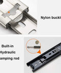 Close-up of Smooth Glide Drawer Runners With Metal Ball Bearings Push To Open Three Section Slides with nylon buckle and damping rod.