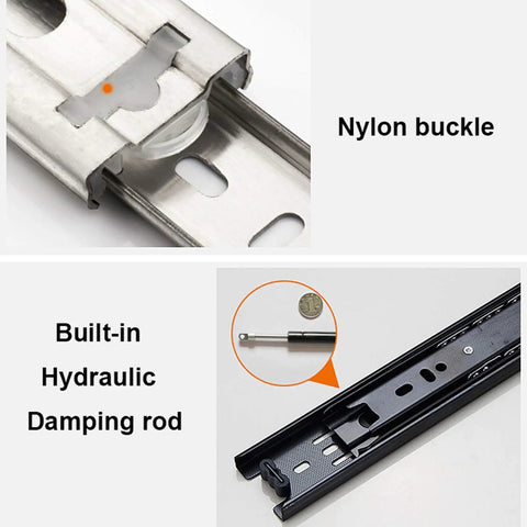 Close-up of Smooth Glide Drawer Runners With Metal Ball Bearings Push To Open Three Section Slides with nylon buckle and damping rod.