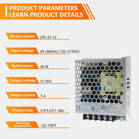 Rock Solid 36W 12V 3A Single Output Switching Power Supply with specifications, dimensions, and operating range for smart devices.