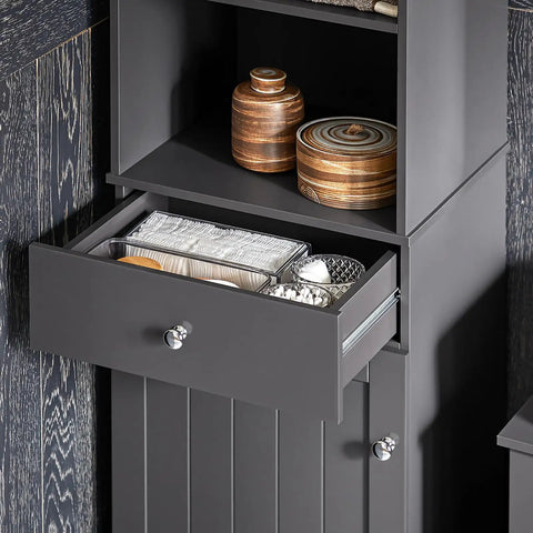 Bathroom Tall Storage Cabinet Freestanding Tower With Shelves And Drawers Multifunctional Corner Unit For Small Spaces Gray Floor Standing Cabinet With Adjustable Shelves Space Saver showing open drawer with items.