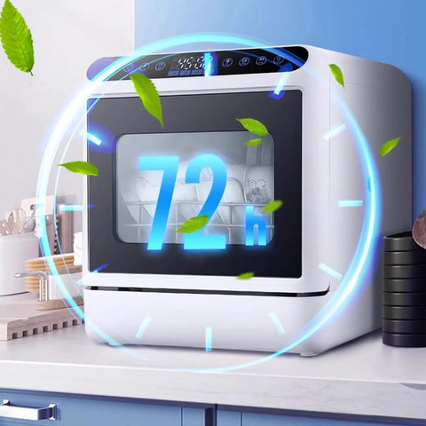 Slick Portable Countertop Dishwasher Fully Automatic Mini Appliance with rapid dry cycle showing 72-hour timer on display.
