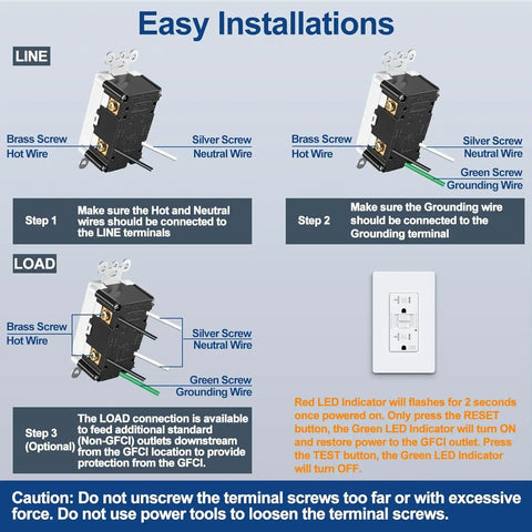 Installation guide for Premium 50 Pack 20 Amp Gfci Outlets Self Test Gfi Receptacles Wr Weather Resistant, showing wiring steps.