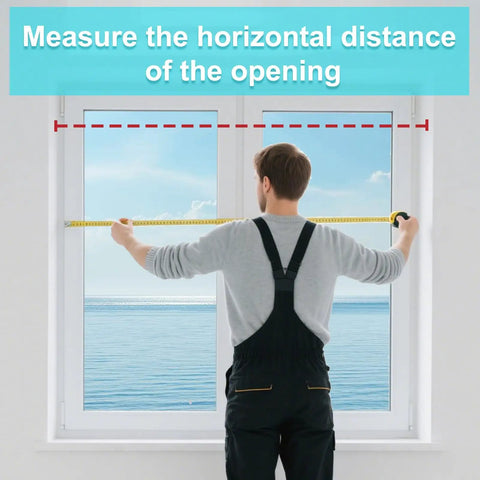 Person measuring window width for Extra Wide Window Safety Gate For Home Use Kids And Pets Safe And Secure Fits Sliding Windows From 19.49 To 33.60 Inches No Drilling Pressure Mount Easy Install White 2 Piece Set.
