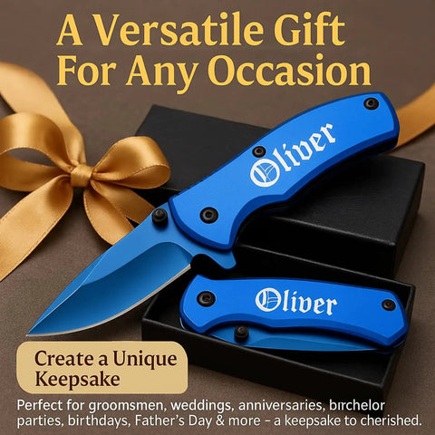 Badass Custom Engraved Pocket Knife with blue handle in gift box, 2.75-inch titanium coated blade, perfect for groomsmen and everyday carry.