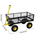 Heavy Duty Garden Cart With Removable Sides 1100 Pound Capacity Utility Wagon, black mesh sides, yellow handle and wheels.