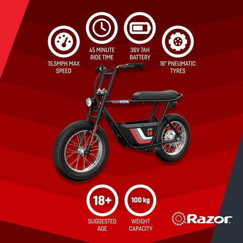 Red and black Dope Electric Minibike For Teens And Adults With 350W Motor 36V Battery 16 Inch Tires Up To Fifteen And A Half MPH