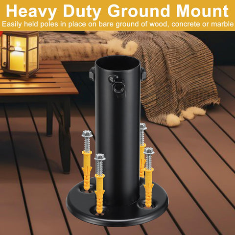 Heavy duty ground mount for Two Pack 8 Foot Heavy Duty Metal String Light Poles for outdoor deck or garden setup.