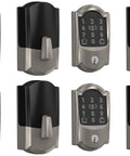 Rock Solid Smart WiFi Lock For Front Door Keyless Entry Deadbolt works with Apple Watch, satin nickel finish, set of four locks.