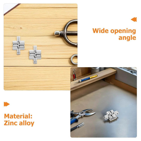 Tiny 43mm Zinc Alloy Concealed Door Hinges 4 Pack For Jewelry Boxes And Small Cabinets displayed with crafting tools
