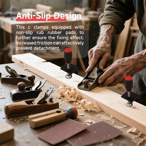 Four Pack Universal Heavy Duty C Clamps With Wide Jaw For Cabinet Installations Desks And Tables Adjustable Aluminum Clamp Brackets For Wood Boards Diy Projects Rust Resistant And Built To Grip Like A Champ shown securing wood with tools in use.