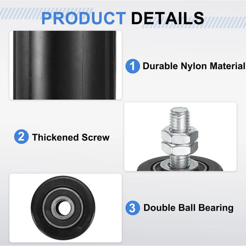 Heavy Duty 4 Pack Slide Gate Guide Rollers Slick Nylon Wheels With Sealed Steel Ball Bearings For Sweet Universal Sliding Door Track Replacement Components Black, showcasing durable nylon material and double ball bearing.