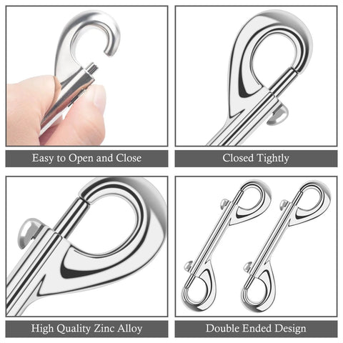 3.5 Inch Double Ended Snap Hooks 110lbs Zinc Alloy Heavy Duty Bolt Snap Clips shown with close-up features like easy open-close and double ended design