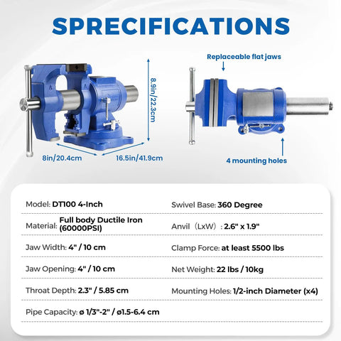 Specifications of Heavy Duty Bench Vise With 360 Degree Swivel Base And Anvil, 4 Inch Jaw, 5,500 Lbf Clamp, Industrial Strength Ductile Iron