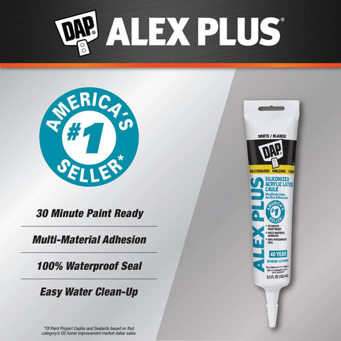 Image of Alex Plus Acrylic Latex Caulk Plus Silicone 5.5 Ounce Sealant packaging highlighting features such as paint ready and waterproof.