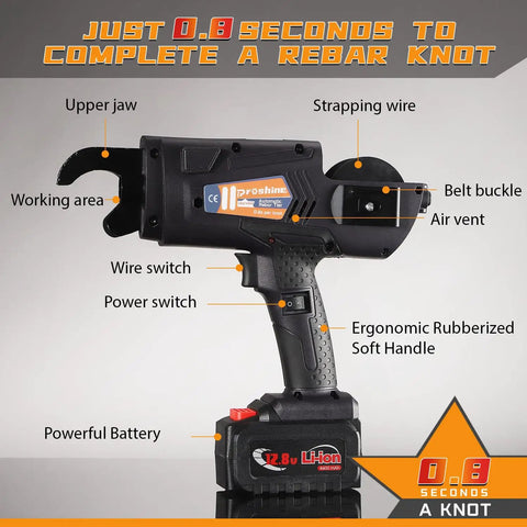 Automatic Rebar Tier Gun 0.3 To 1.3 Inch Tie Tool With 4400mAh Rechargeable Battery showing main features