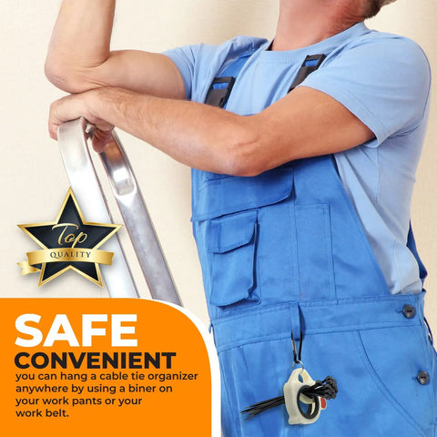 Worker using Zip Tie Organizer 2Pack Light Plastic Cable Tie Holder clipped to belt for hands-free access on ladder