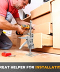 Pair Of Heavy Duty Sheetrock Drywall Lift And Furniture Board Lifting Helper Platform with adjustable height in action.