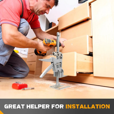 Pair Of Heavy Duty Sheetrock Drywall Lift And Furniture Board Lifting Helper Platform with adjustable height in action.