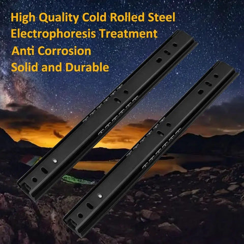 Top Shelf Heavy Duty Black Drawer Slides Pair Full Extension Smooth Glide Runners For Filing Cabinets And Workstations Built Tough Quick Install side view with mountains and stars.