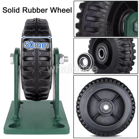 Heavy Duty Caster Wheels Set Of 4 Solid Rubber Industrial Swivel Casters With Locking Brakes Built Tough Thick Steel Plate No Sweat Ride Thrust Bearing For Shop Gear, 50mm solid rubber wheel mounted on steel plate.