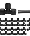 Push To Connect 1/4 Inch Tee Irrigation Fittings, 24 Pack displayed with tubing attached.
