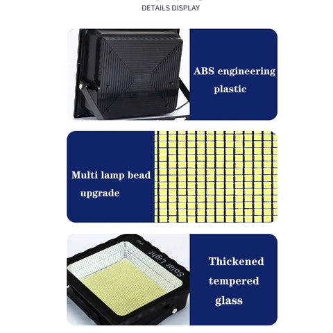 Image of JUDYSSY Solar Garden Outdoor Lights 300W showcasing ABS engineering plastic, multi lamp bead upgrade, and thickened tempered glass.