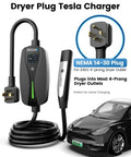 Tesla Level 2 Charger 24 Amp 240V NEMA 14-30 Plug With 25 Ft Extension Cable shown with car and plug details