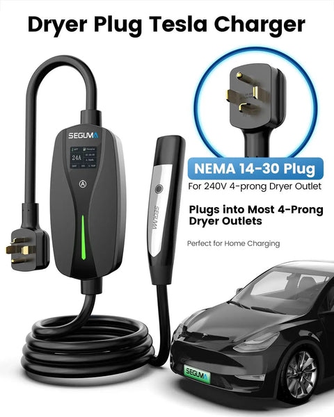 Tesla Level 2 Charger 24 Amp 240V NEMA 14-30 Plug With 25 Ft Extension Cable shown with car and plug details