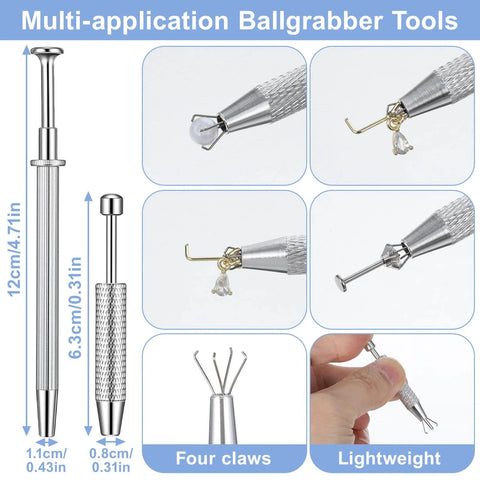 Pro Gear Ball Grabber Tool Kit For Piercing Tapers And Flat Back Jewelry Changes, stainless steel ball grabber tool with dimensions.